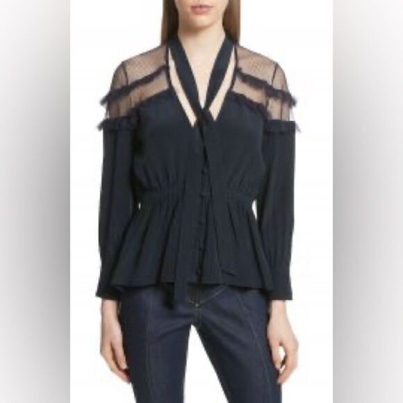 Cinq a Sept Peyton 100% Silk Blue Blouse Shirt Button Down Tie Neck Size M - Picture 9 of 14